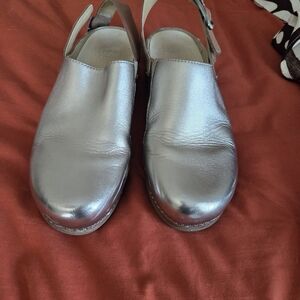 Dansko Metallic Silver Slingback Clogs
